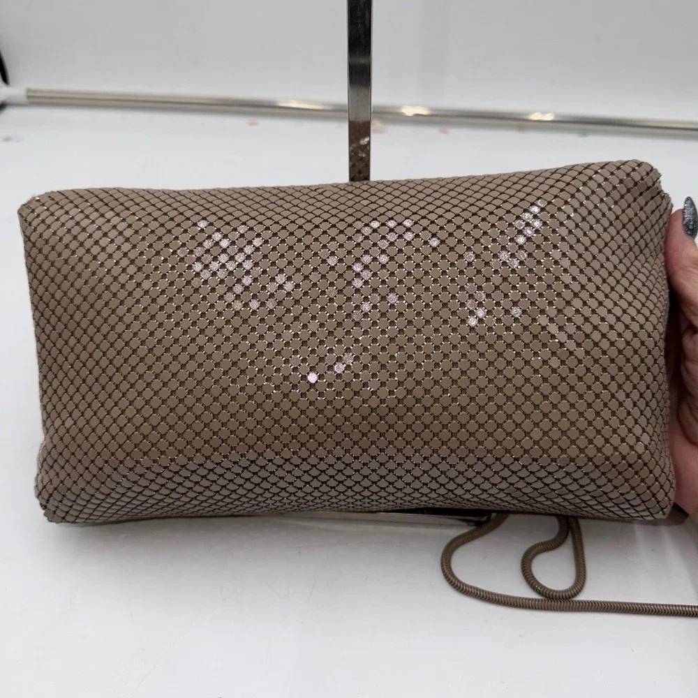 Pelle Italia Vintage Mesh Clutch Handbag Taupe Gold Chain Strap Evening Bag